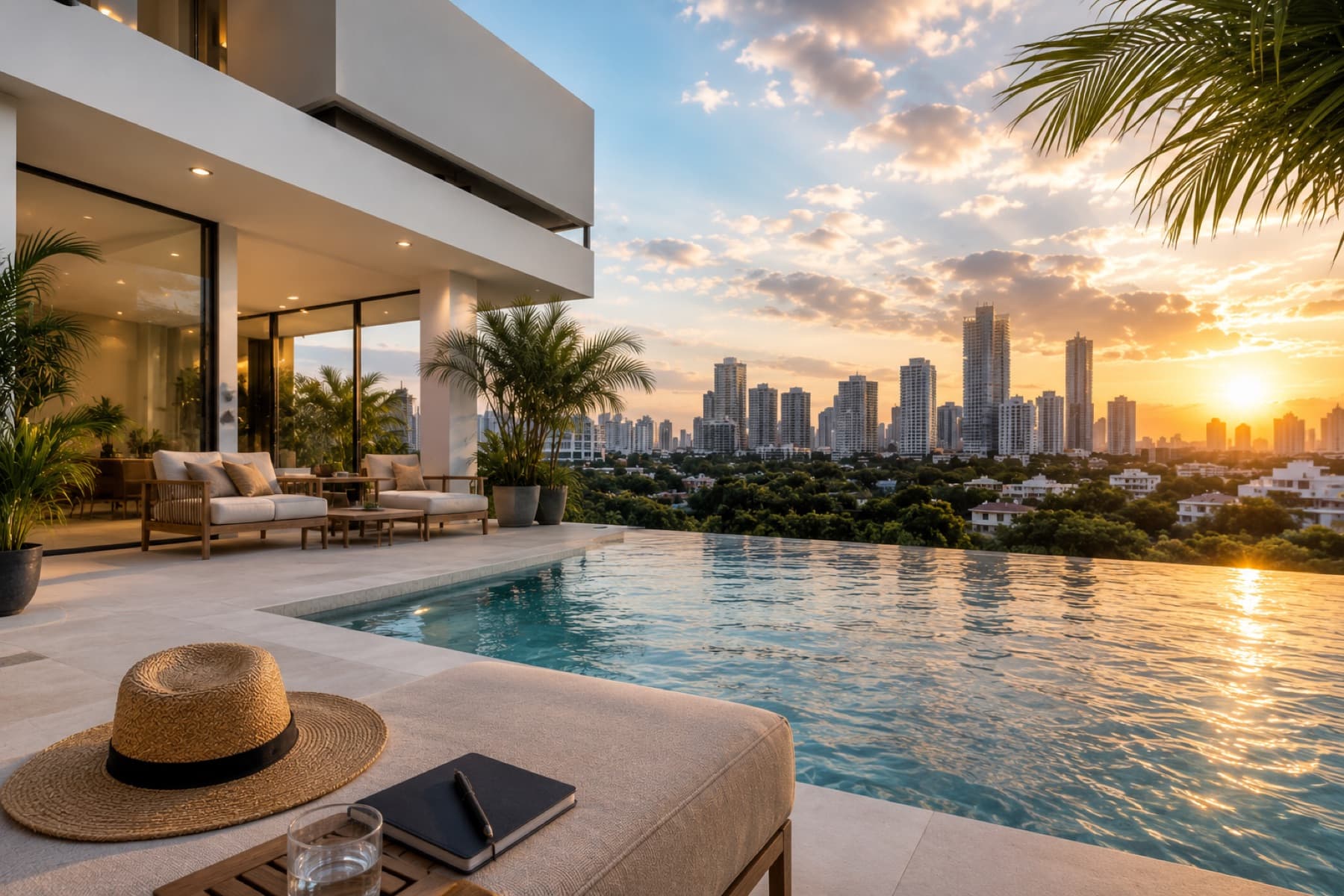 Terrasse et piscine à débordement d'une villa contemporaine, au coucher du soleil, face aux tours d'une capitale africaine